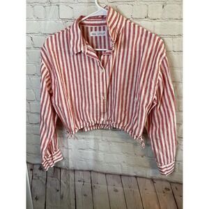 Zara Blouse Women's S White Red Striped Button Up Long Sleeve